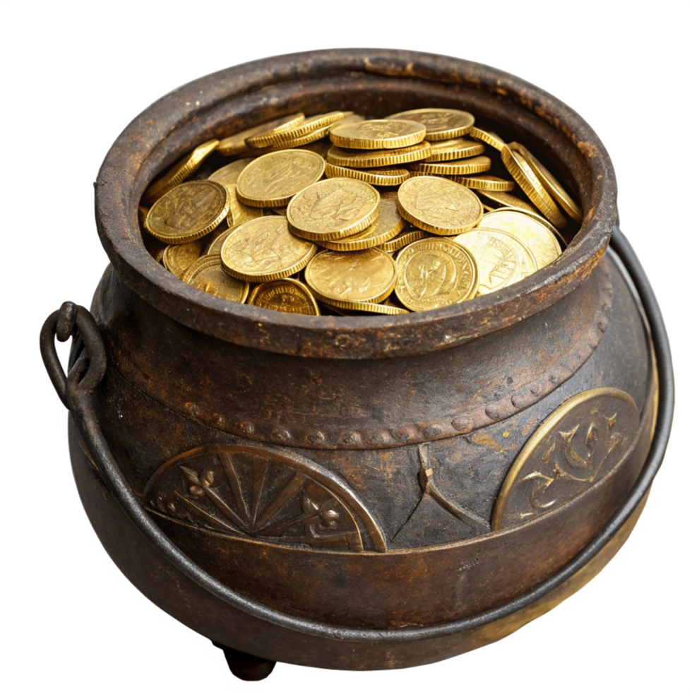 Antique Cauldron Filled with Gold Coins Treasure, Wealth, Riches Stock Image png
