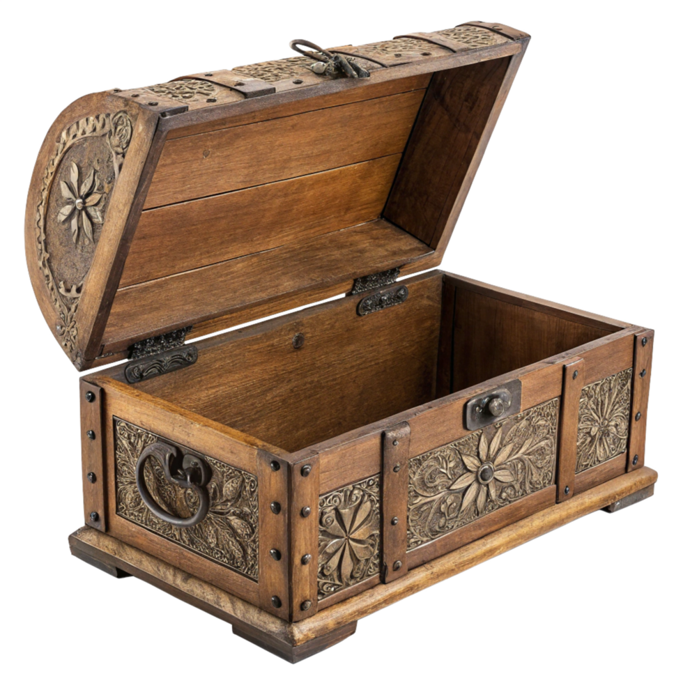 Antique Wooden Chest, Ornate Carved Floral Design, Open Lid, Treasure Box png
