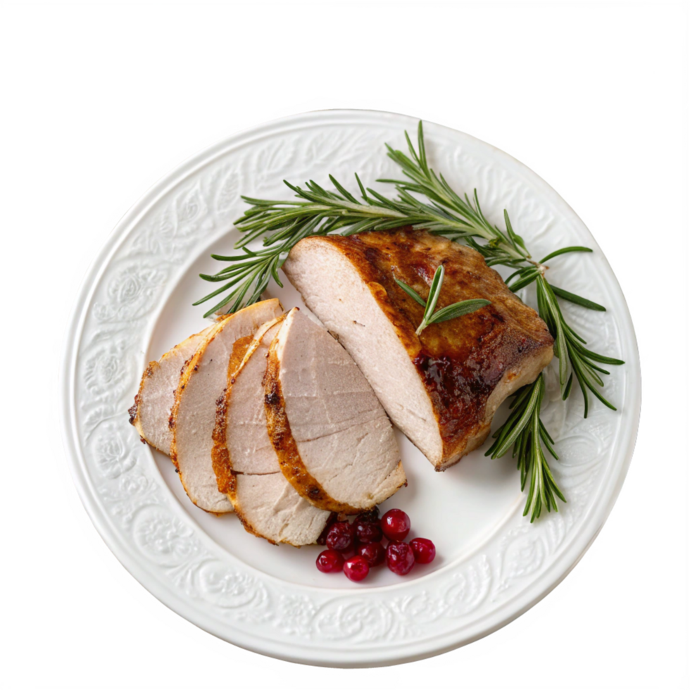 Delicious Roasted Turkey Breast Slices with Rosemary and Cranberries on Plate png