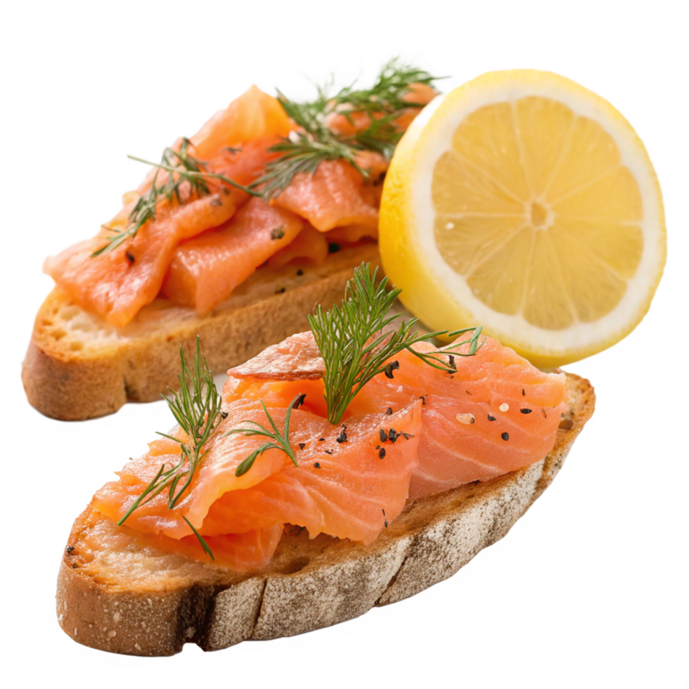 Delicious Smoked Salmon Canape with Lemon and Dill Garnish on Crusty Bread png
