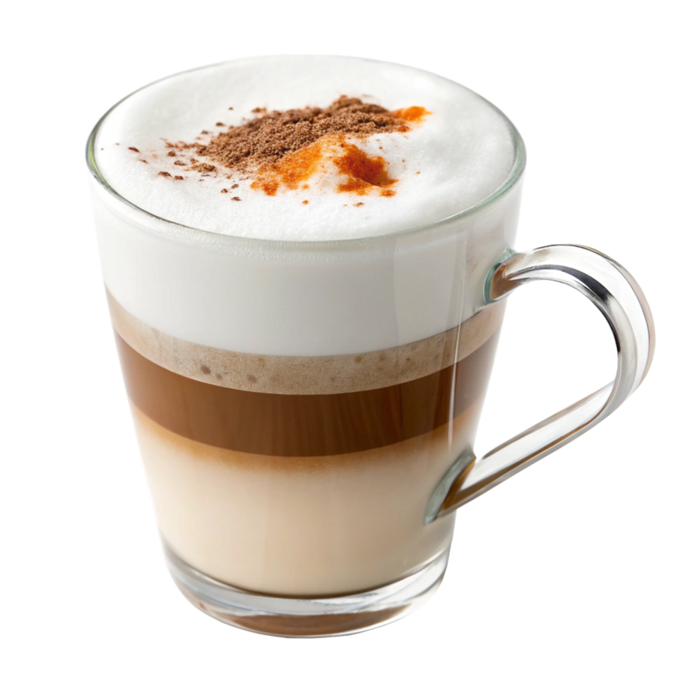 Delicious Layered Latte Coffee Drink in Glass Mug, Cocoa and Spice Topping png