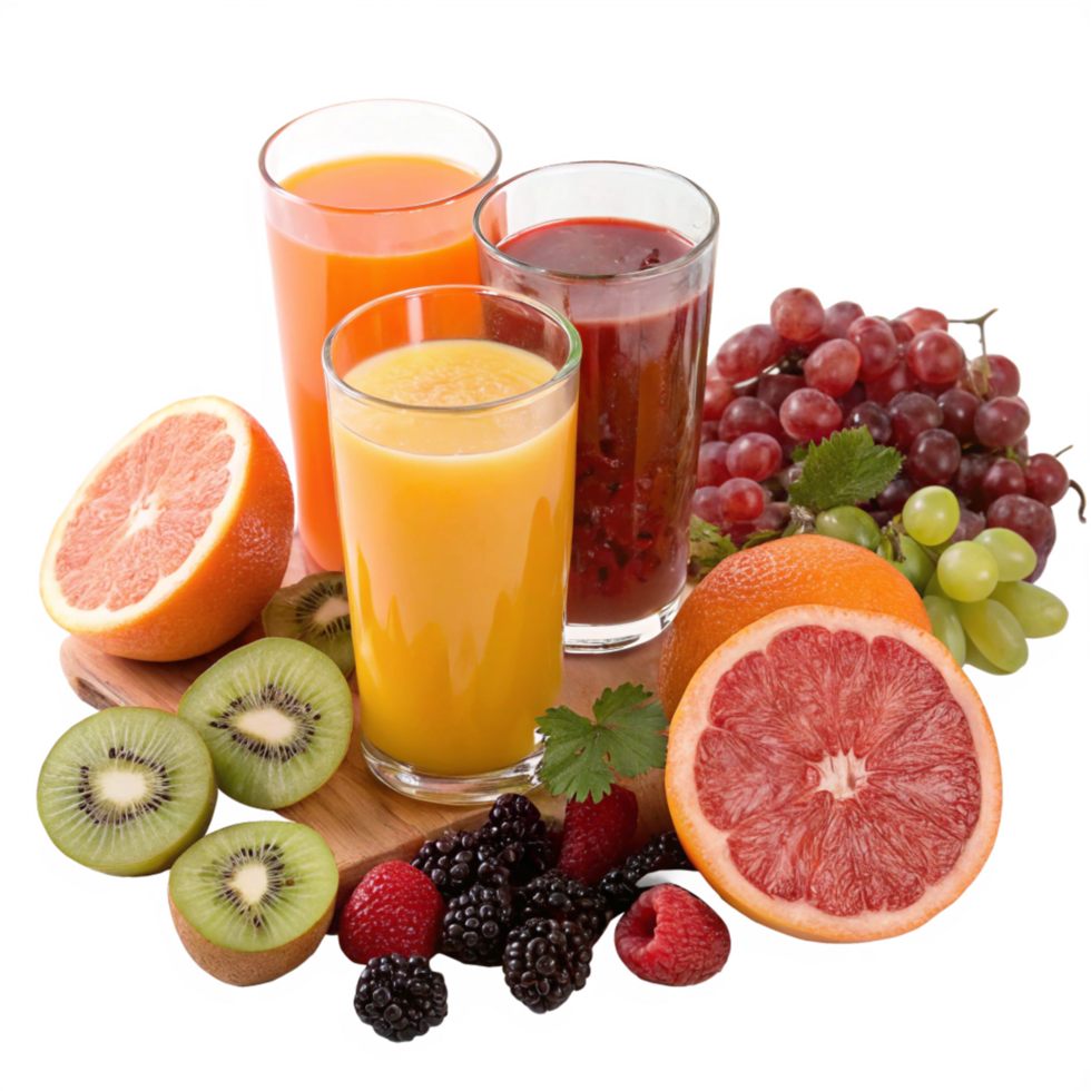 Delicious Fresh Juices with Fruits Orange, Grapefruit, Kiwi Berries png