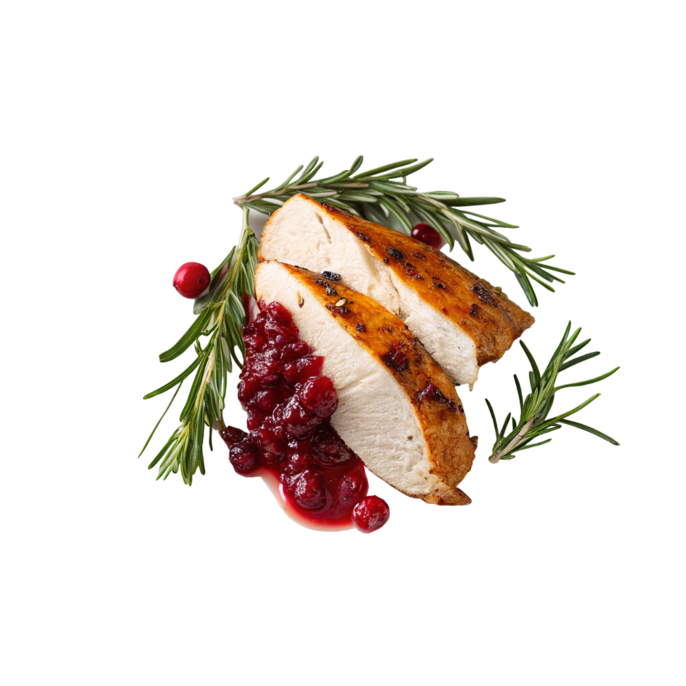 Delicious Roasted Turkey Breast Slices with Cranberry Sauce and Rosemary png