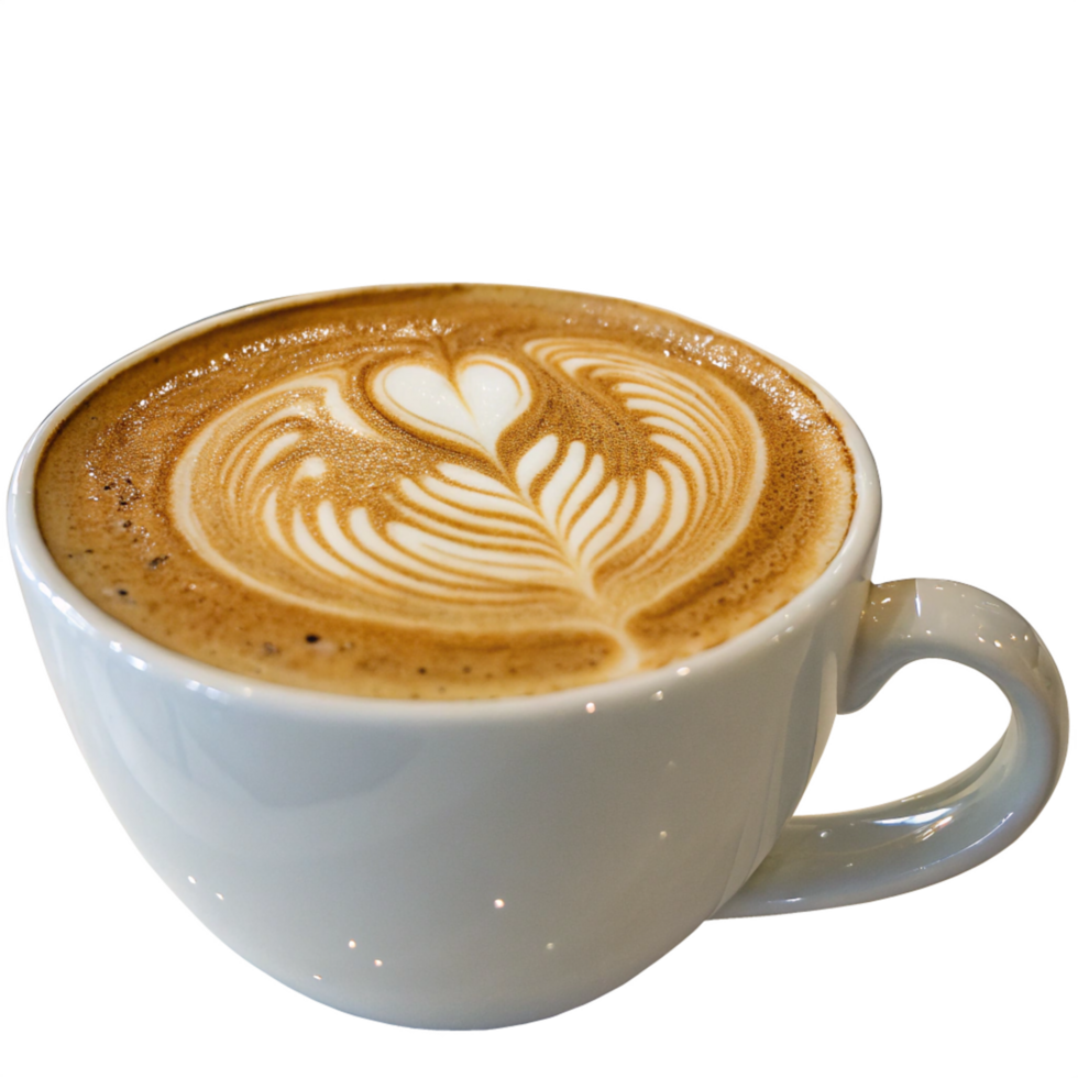 Delicious Latte Art Coffee Cup with Heart and Rosette Design png