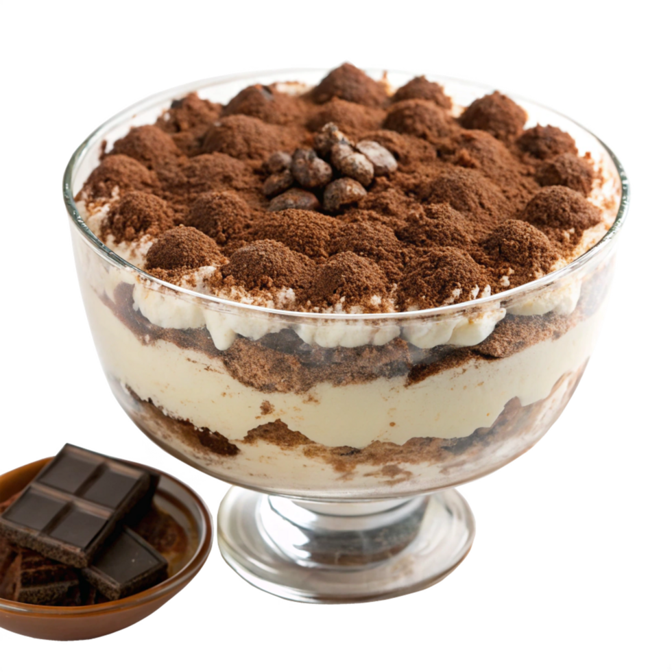 Delicious Tiramisu Dessert in Glass Bowl with Chocolate Pieces png