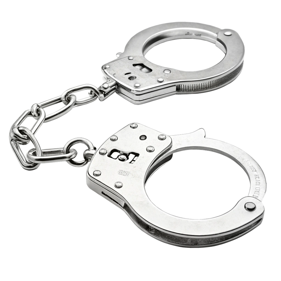 High-Resolution 3D Render of Steel Handcuffs with Chain, Security Concept png
