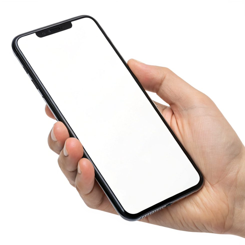 Hand Holding Smartphone with Blank White Screen Mockup for App Presentation png