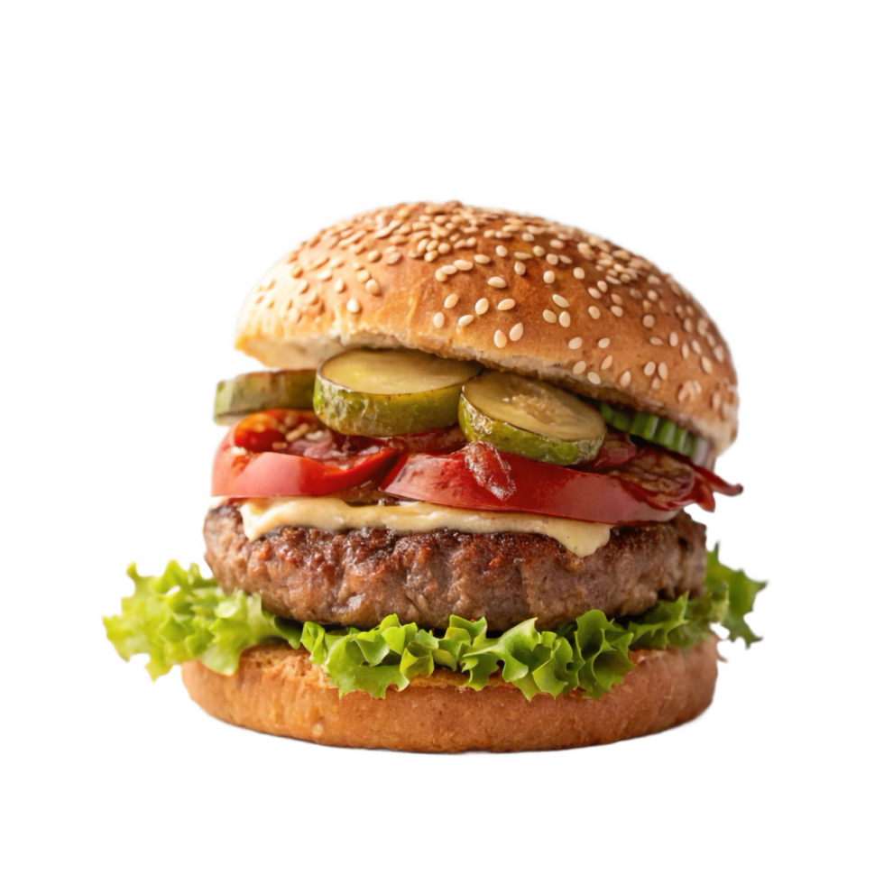 Juicy Gourmet Burger Sesame Bun, Pickles, Tomato, Lettuce, and Beef Patty png