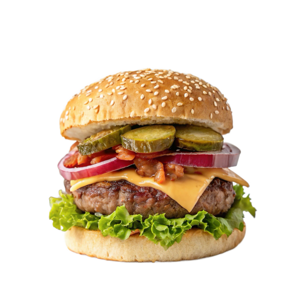 Juicy Cheeseburger with Pickles, Onions, and Bacon Gourmet Burger Photography png