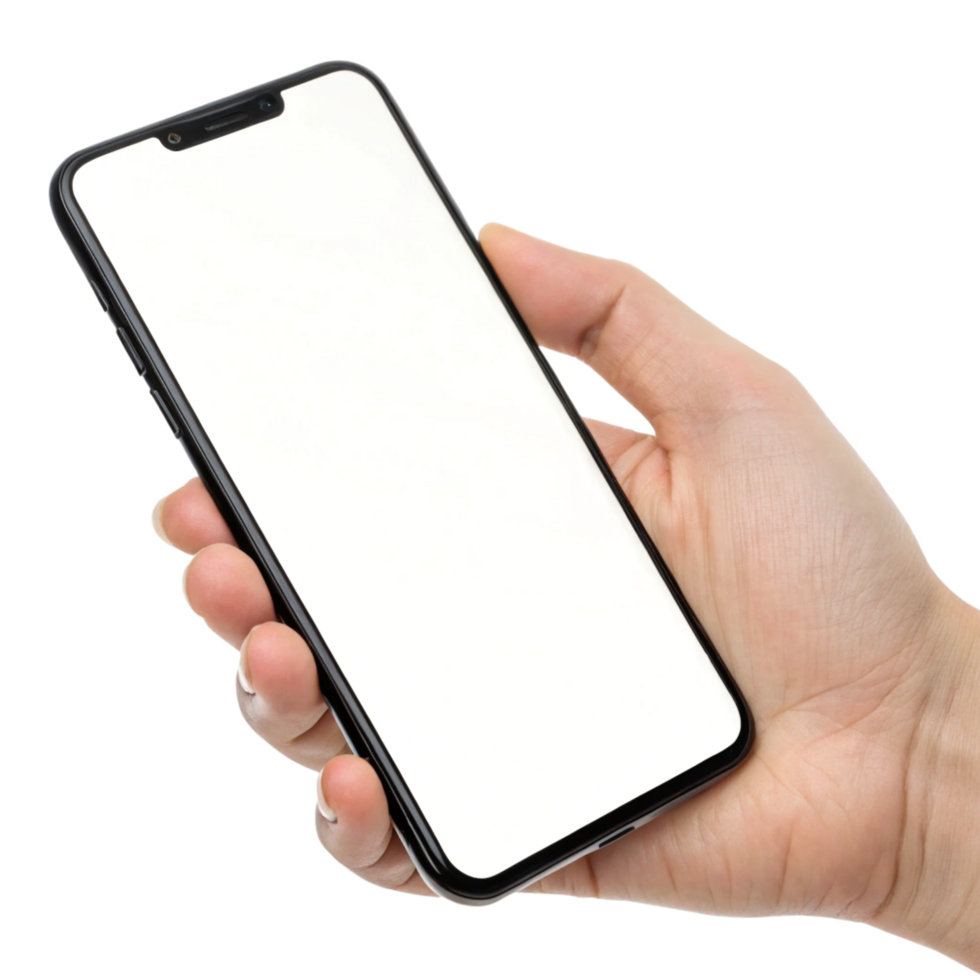 Modern Smartphone Mockup Hand Holding Black Mobile Phone with Blank Screen png