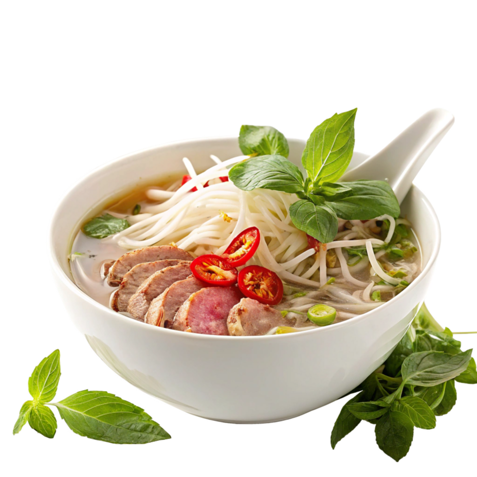 Delicious Vietnamese Pho Soup with Beef, Noodles, and Herbs in White Bowl png
