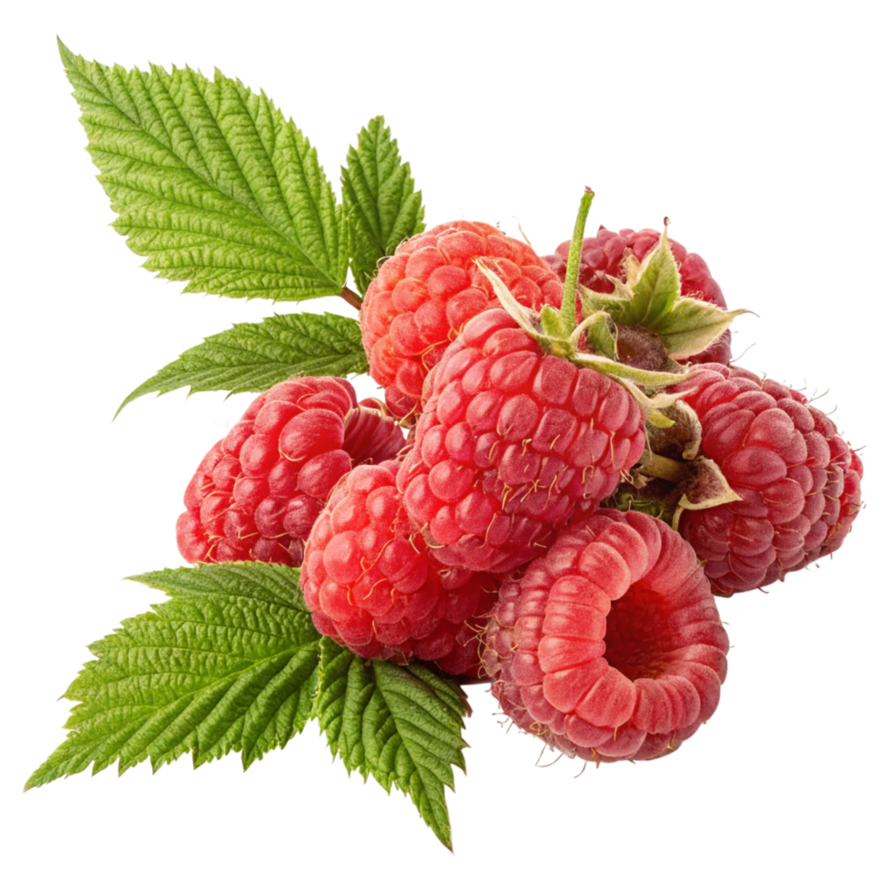 Fresh Raspberries with Green Leaves Juicy Summer Berries Close-up png