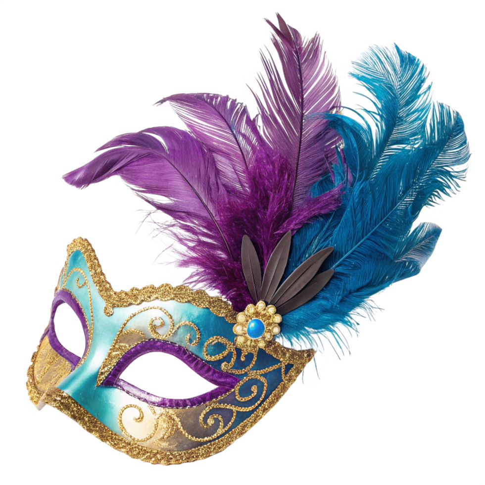 Elegant Teal and Purple Venetian Mask with Feathers for Carnival or Masquerade png