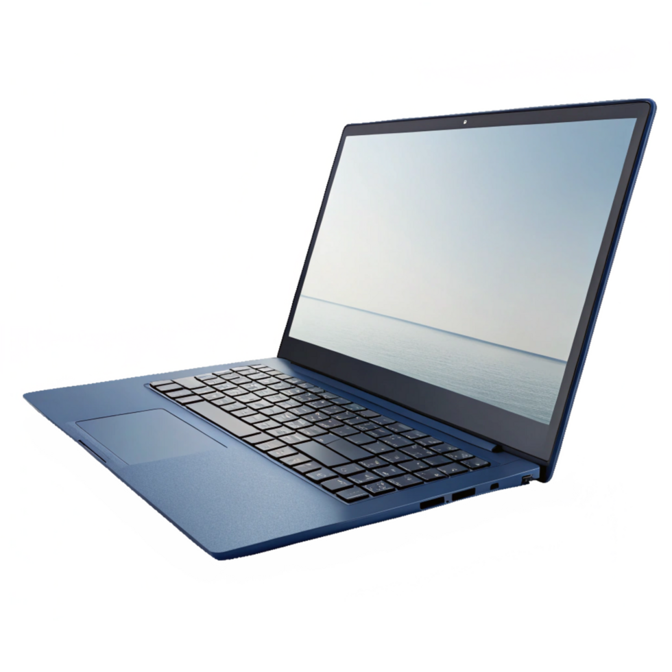 Sleek Blue Laptop Computer with Seascape Display, Modern Technology, 3D Render png