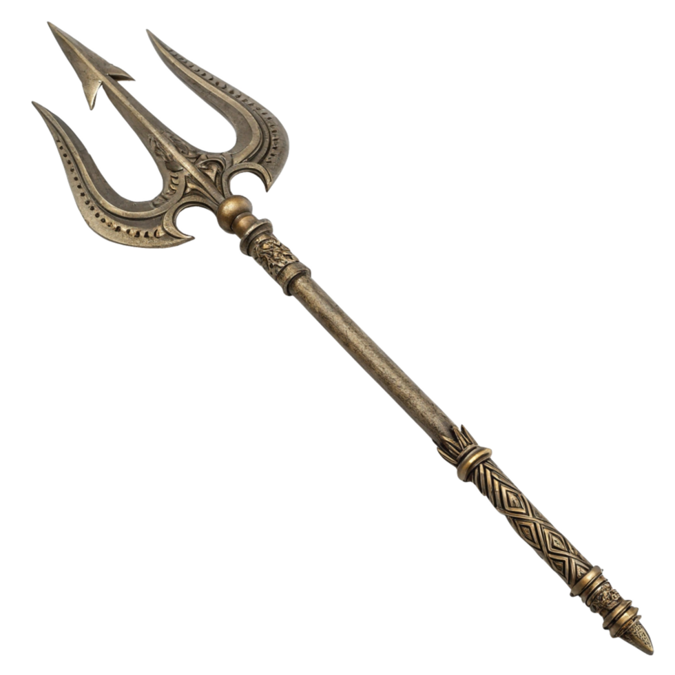 Ornate Bronze Trident Mythological Weapon, Fantasy Game Asset, 3D Model png