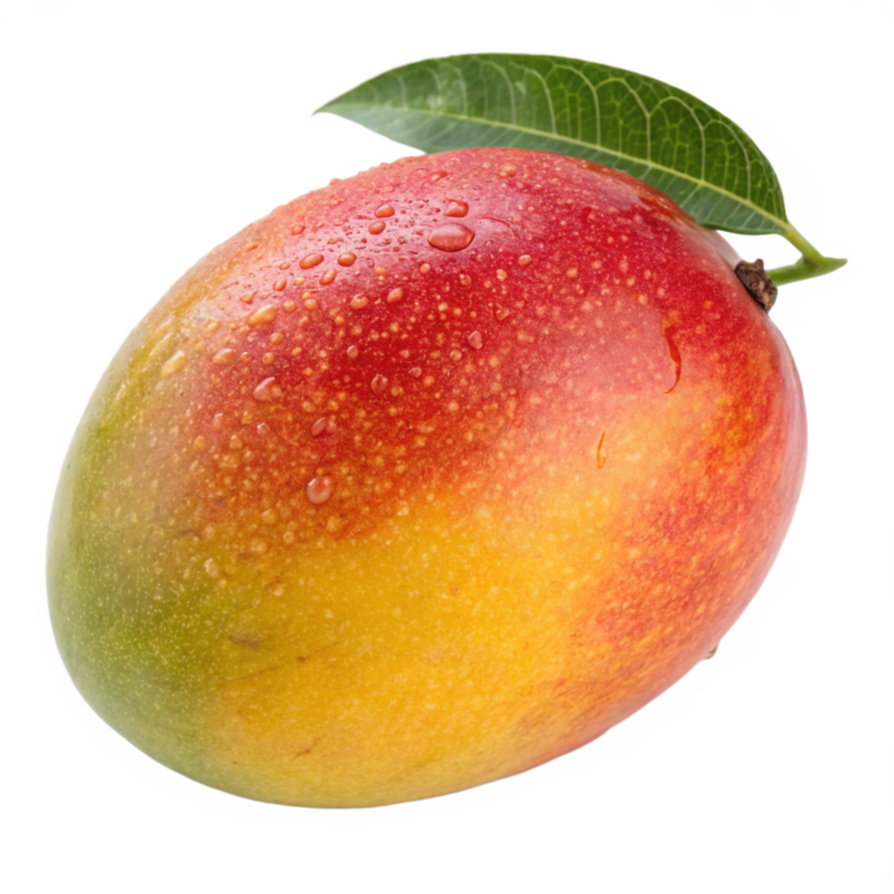 Juicy Ripe Mango with Water Droplets and Leaf - Fresh Tropical Fruit Image png