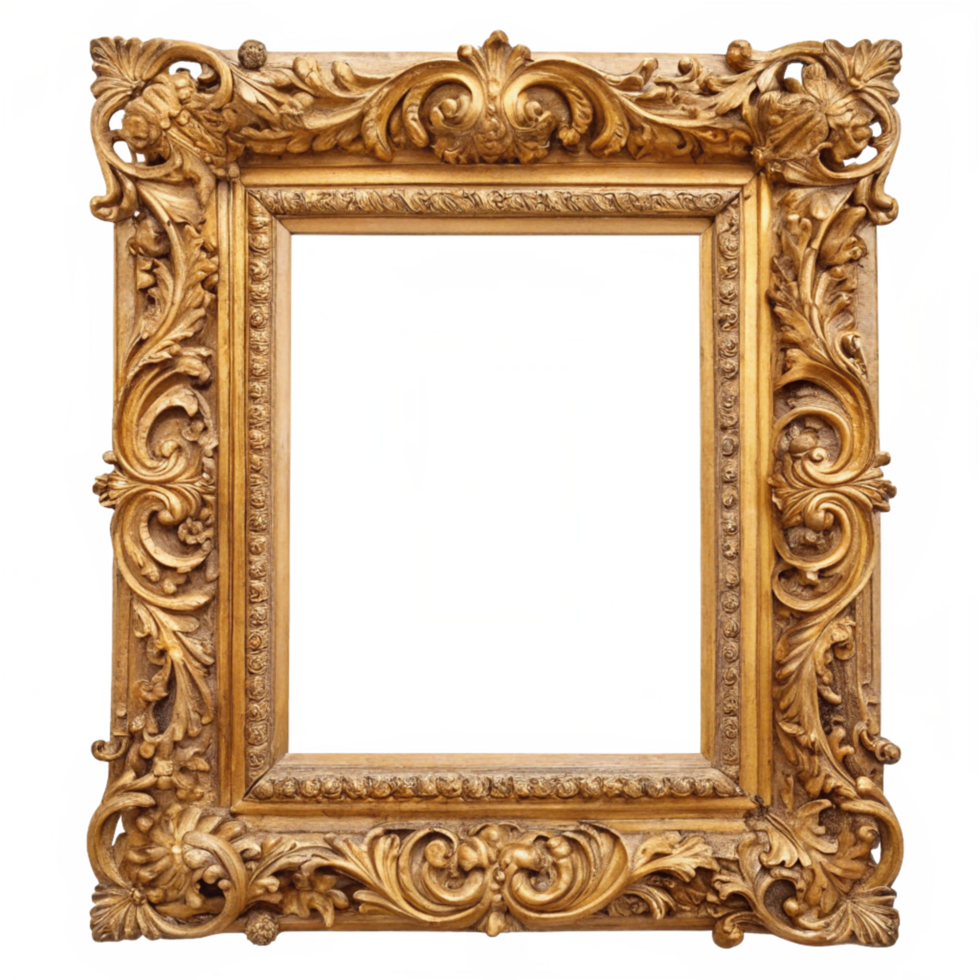 Ornate Gold Baroque Picture Frame, Antique Style, Intricate Carving, Isolated png