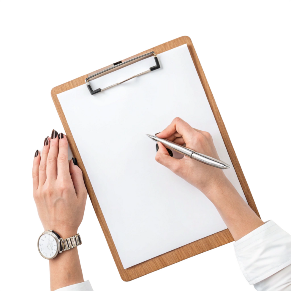 Woman's Hands Writing on Clipboard with Pen - Top View Mockup png