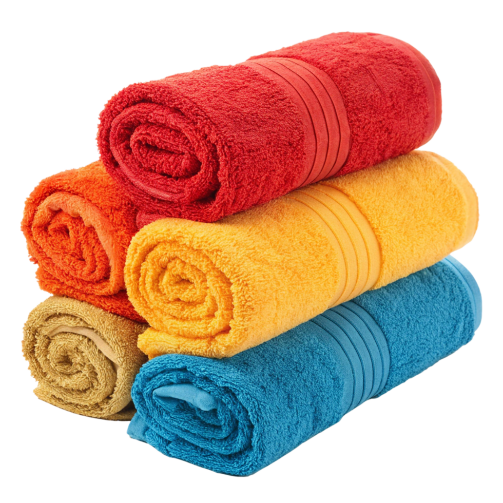 Stack of Rolled Colorful Bath Towels, Spa, Hotel, Cleanliness Concept png