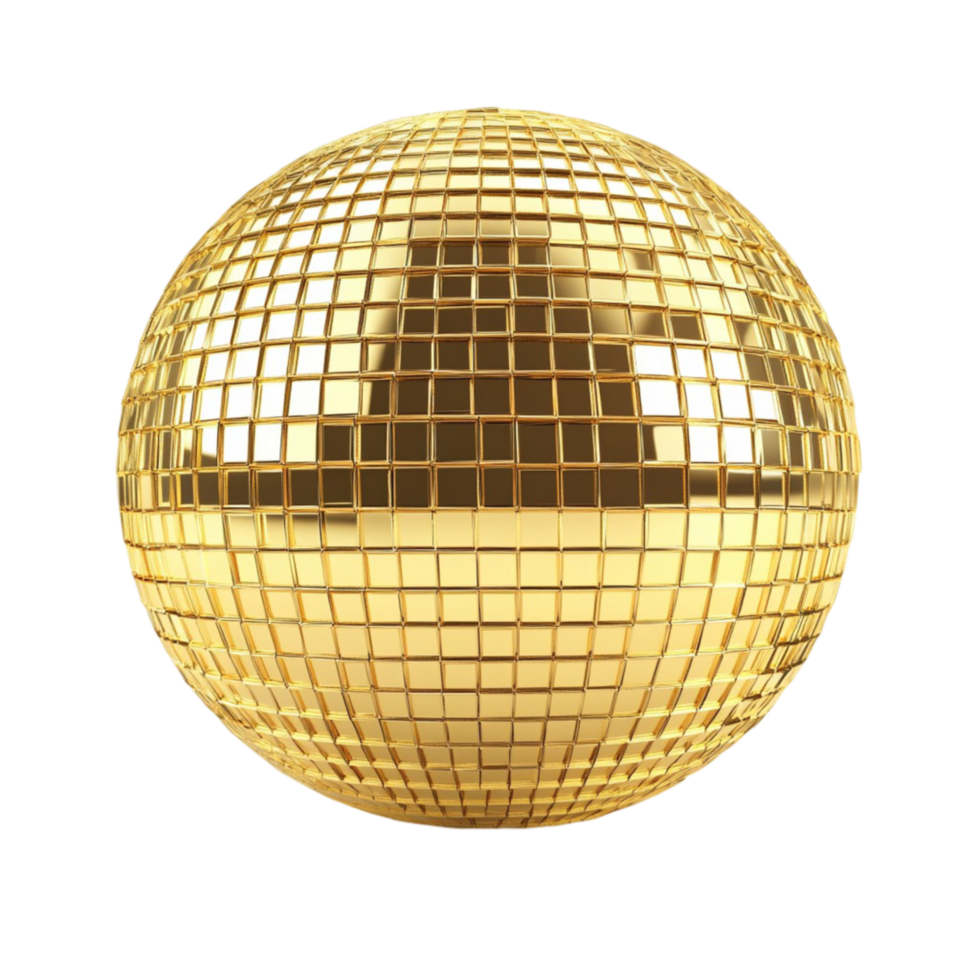 Shiny Gold Disco Ball with Reflective Surface on Transparent Background png