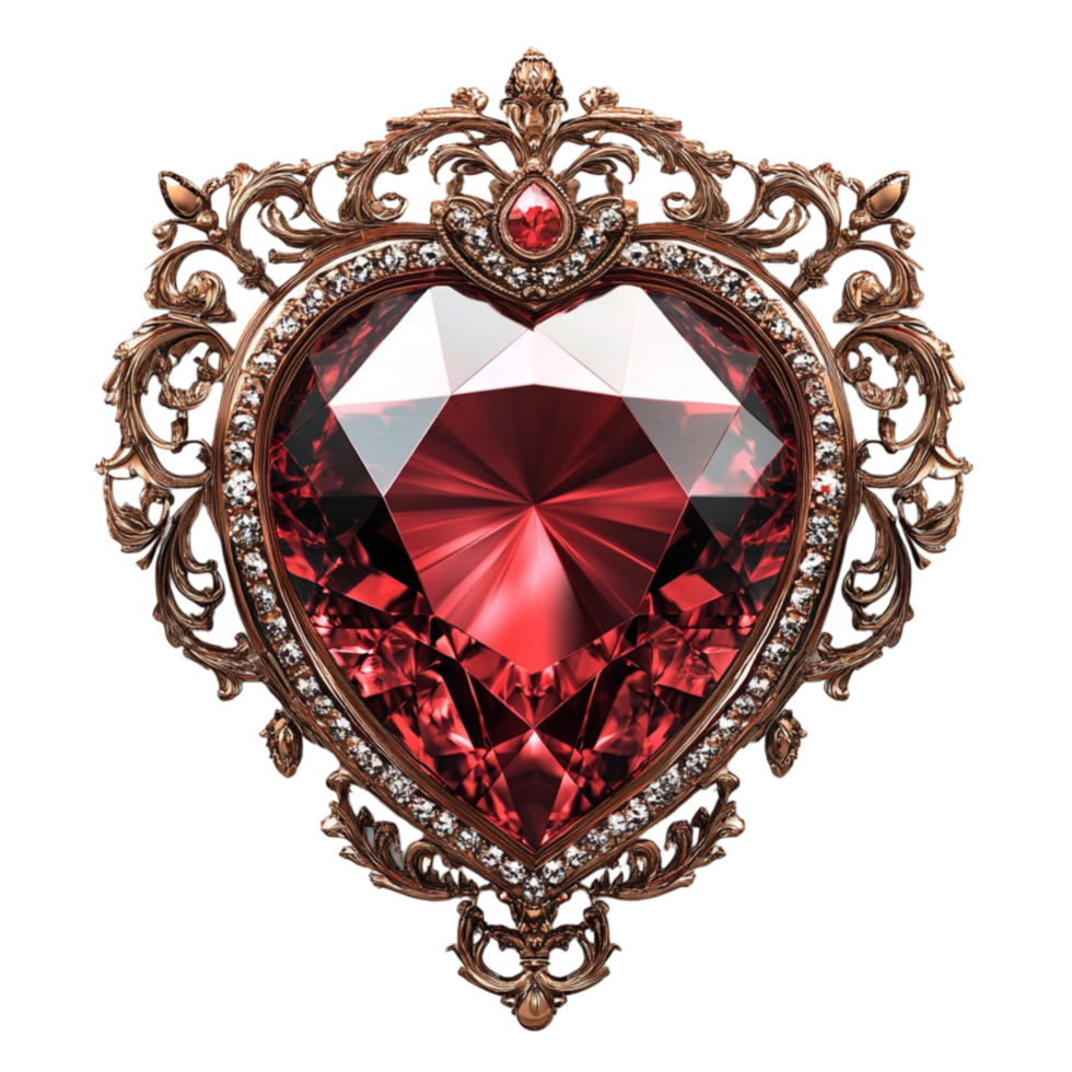 Heart-Shaped Ruby Gem in Ornate Metal Frame on Transparent Background png