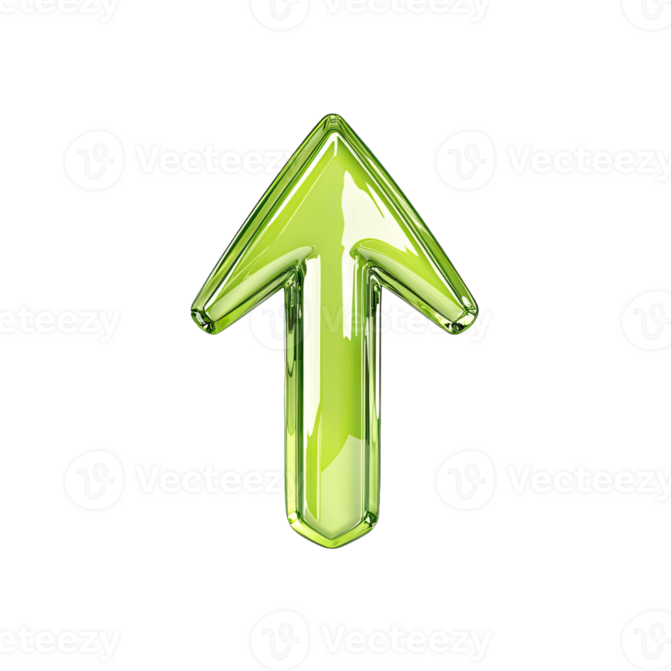 A shiny green glass arrow pointing upwards against a plain in a studio setting transparent background png