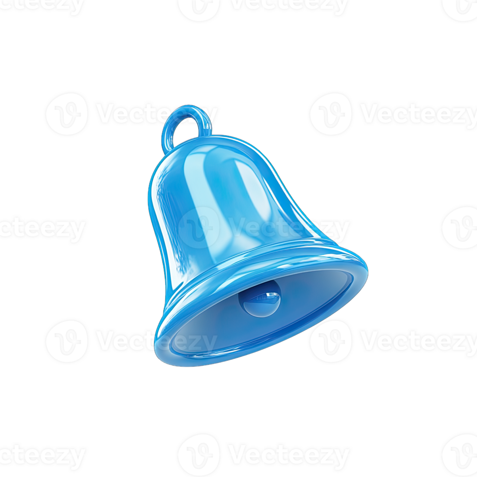 A glossy blue bell with a clapper, isolated against a stark in a studio shot transparent background png