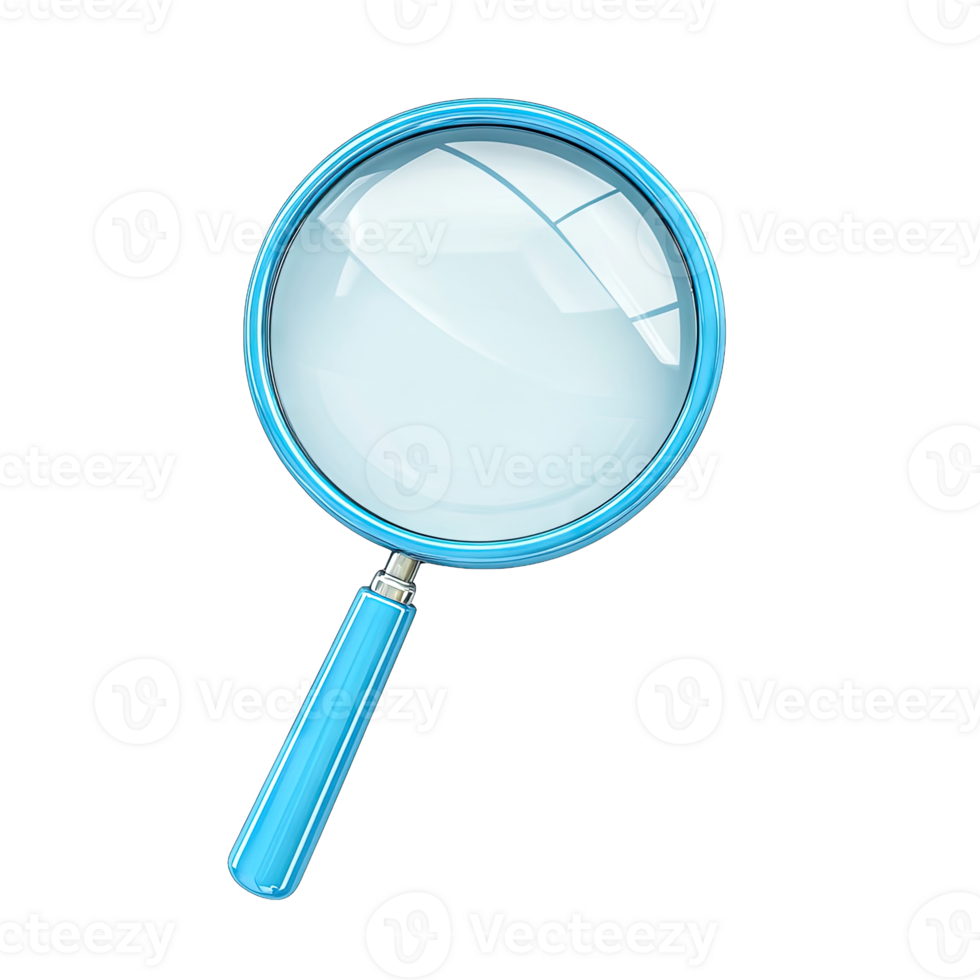 A close up shot of a blue magnifying glass with a in a studio setting transparent background png