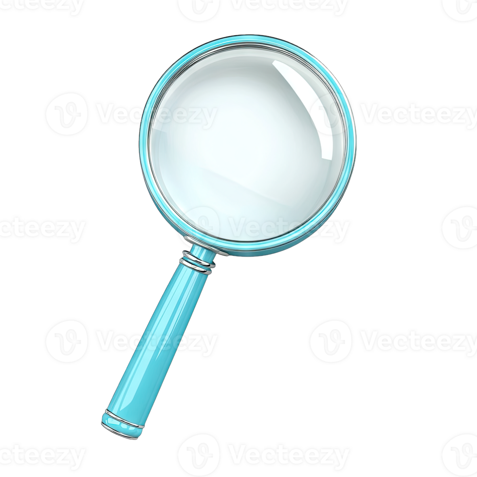 A turquoise magnifying glass with a white lens on a in a studio setting transparent background png