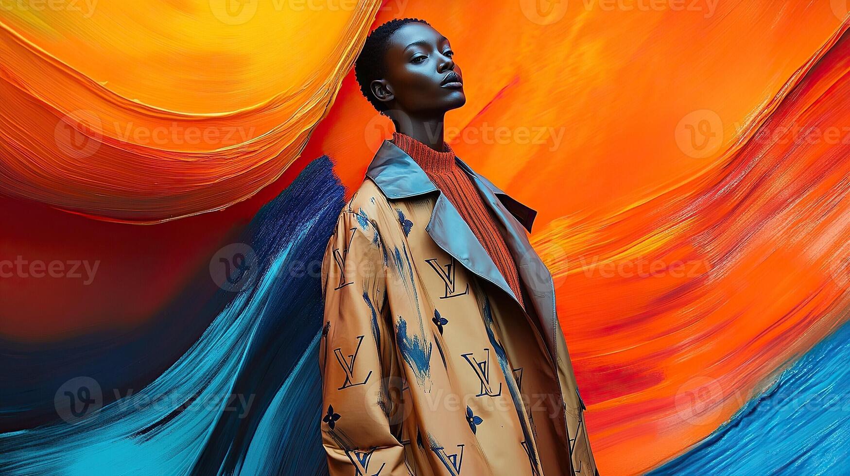 a woman in an orange coat standing in front of a colorful painting photo