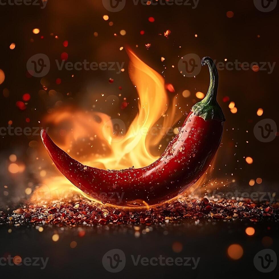 hot chili pepper on fire with sparks photo