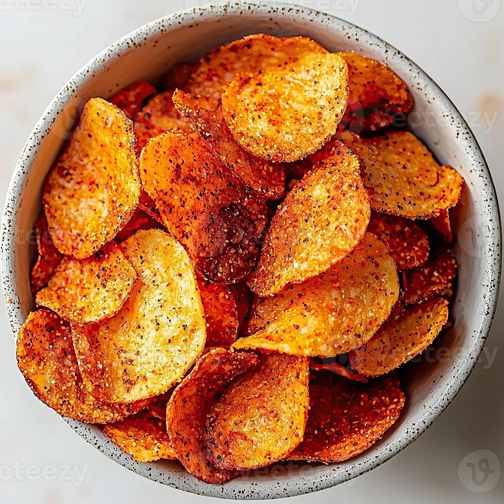 a bowl of potato chips sitting on a table photo