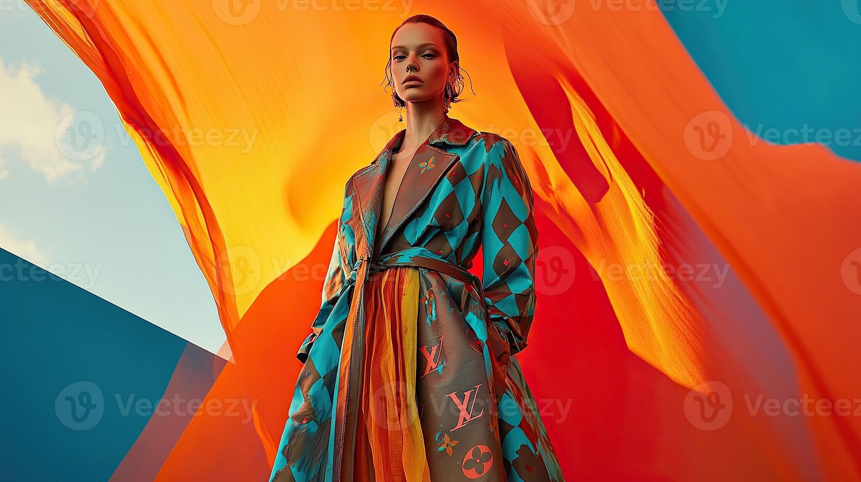 a woman in a colorful coat standing in front of an orange and blue background photo