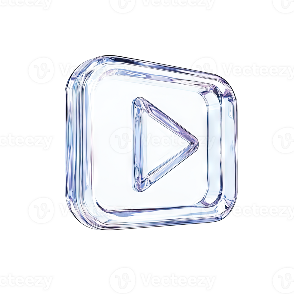 A clear glass play button icon with a triangle shape on a in a studio shot transparent background png