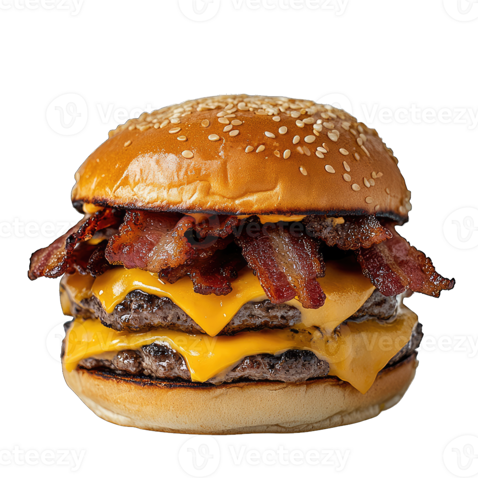 Delicious double cheeseburger with bacon sesame bun perfect for food photography and restaurant menus png