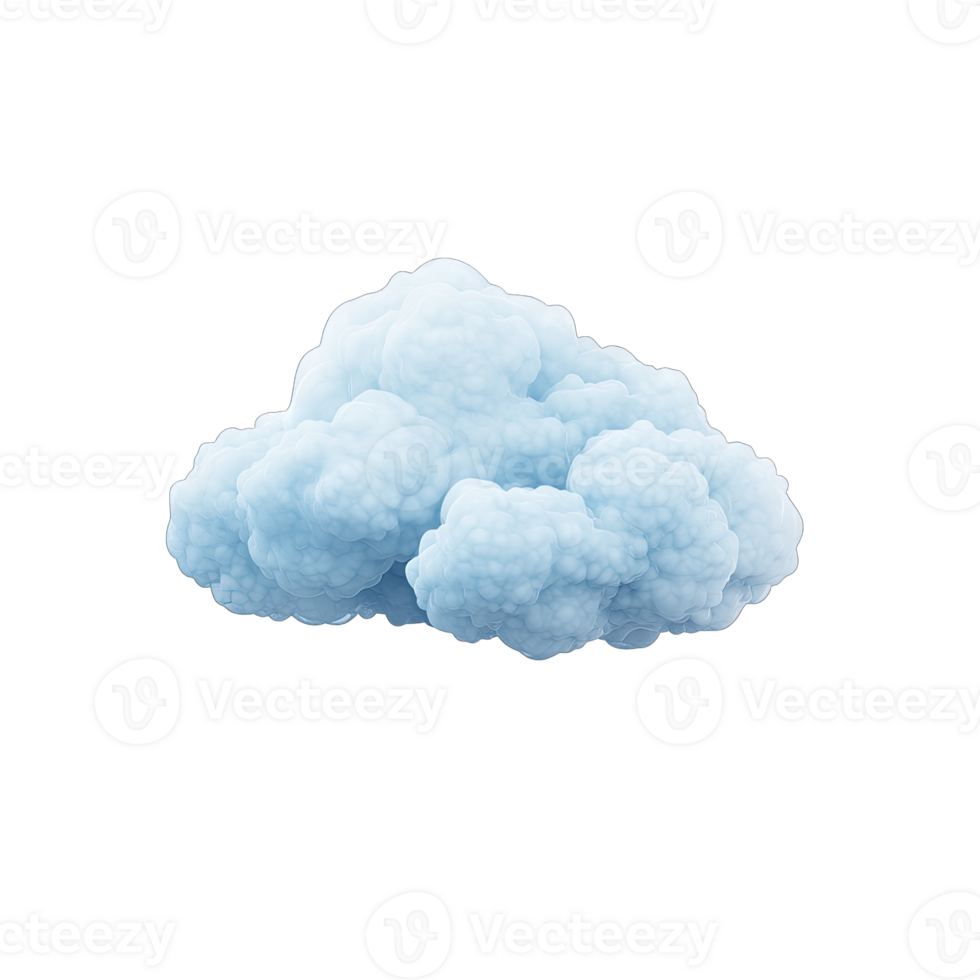 A digitally rendered cloud formation with a soft blue hue against a in a studio shot transparent background png