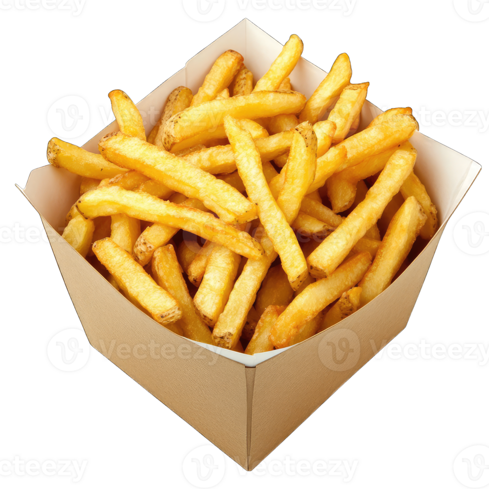 Delicious golden crispy french fries in a cardboard container isolated on photograph png