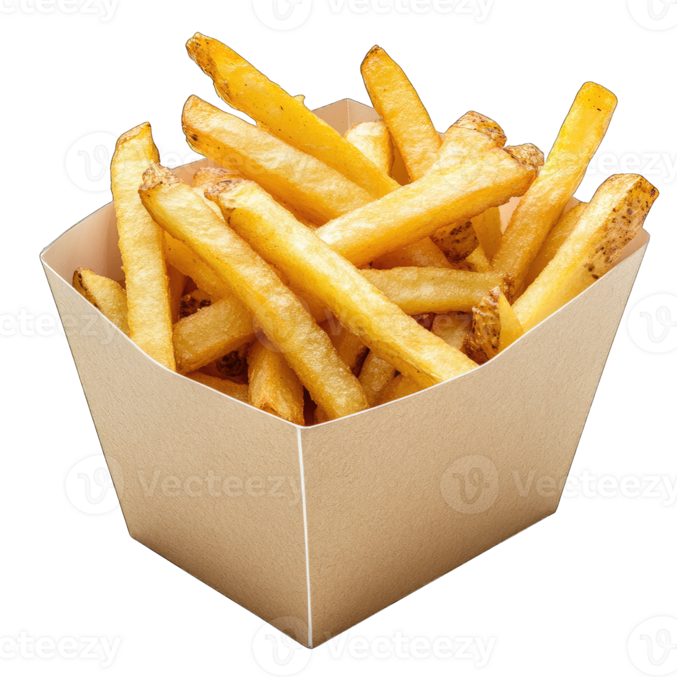 Crispy golden french fries in a cardboard container perfect for fast food restaurant menu and food photography png