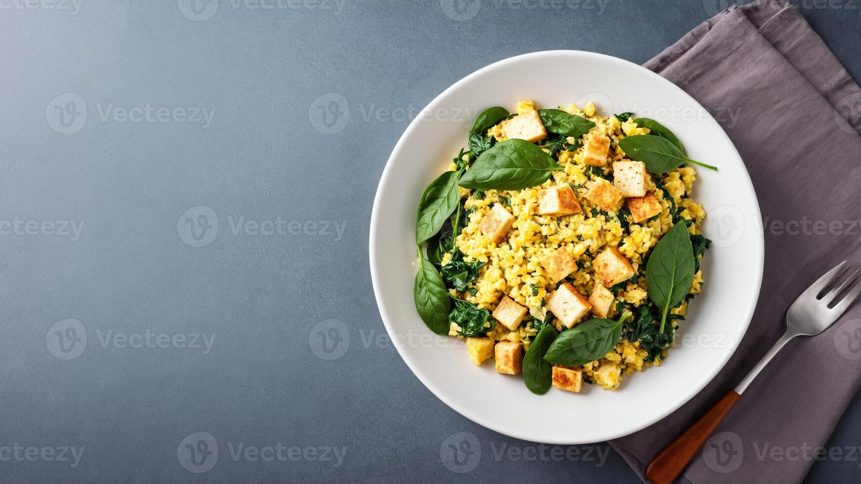 A plate of food with spinach and tofu photo