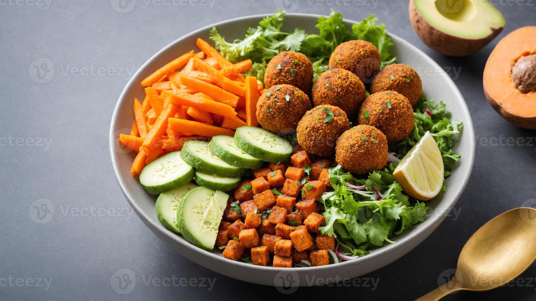 A bowl of vegetables and meatballs with carrots and cucumbers photo
