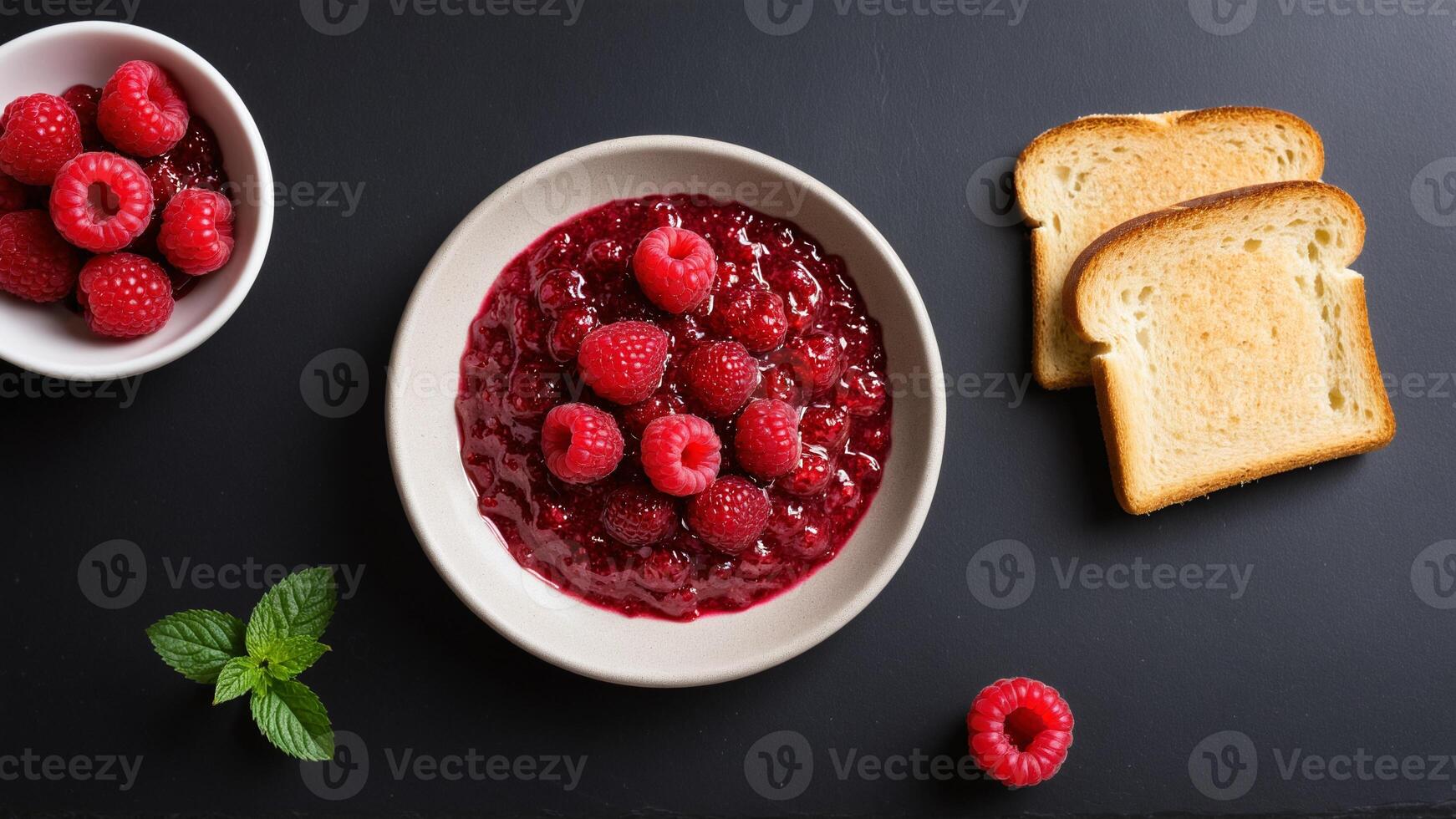 Raspberry jam with toast on a black background photo