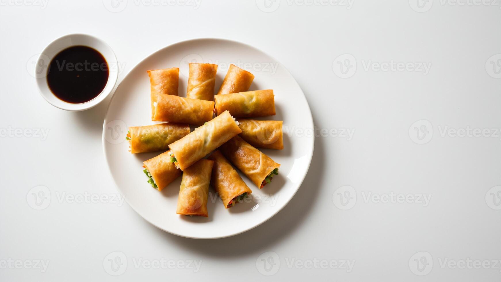 A plate with some vegetable rolls and sauce photo