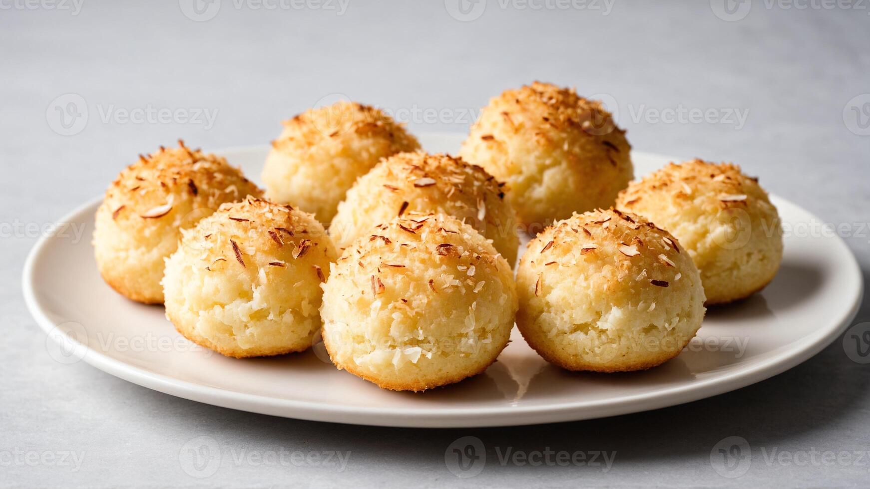 A plate of baked coconut balls on a table photo