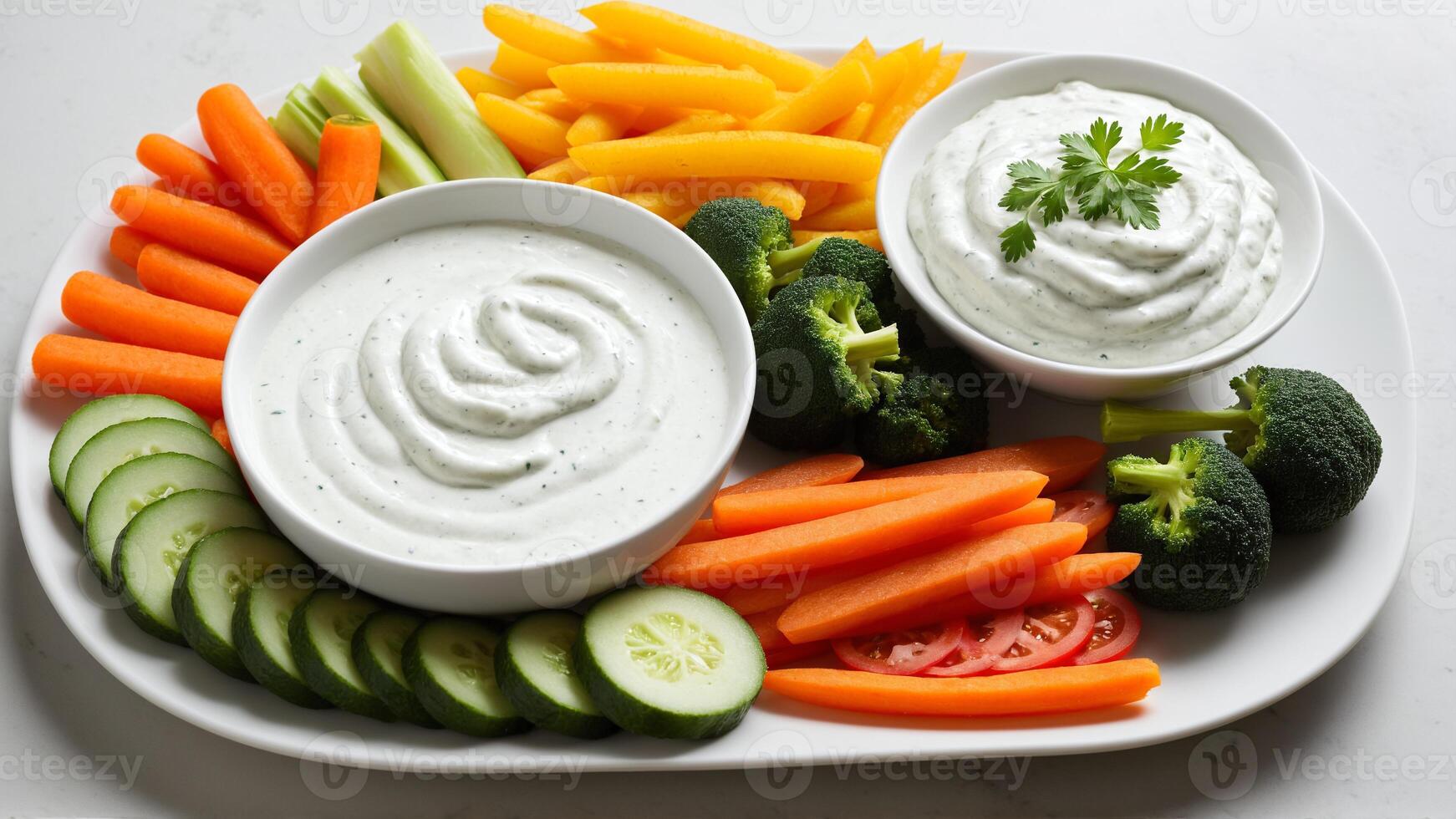 A plate with dip, vegetables and cucumbers photo