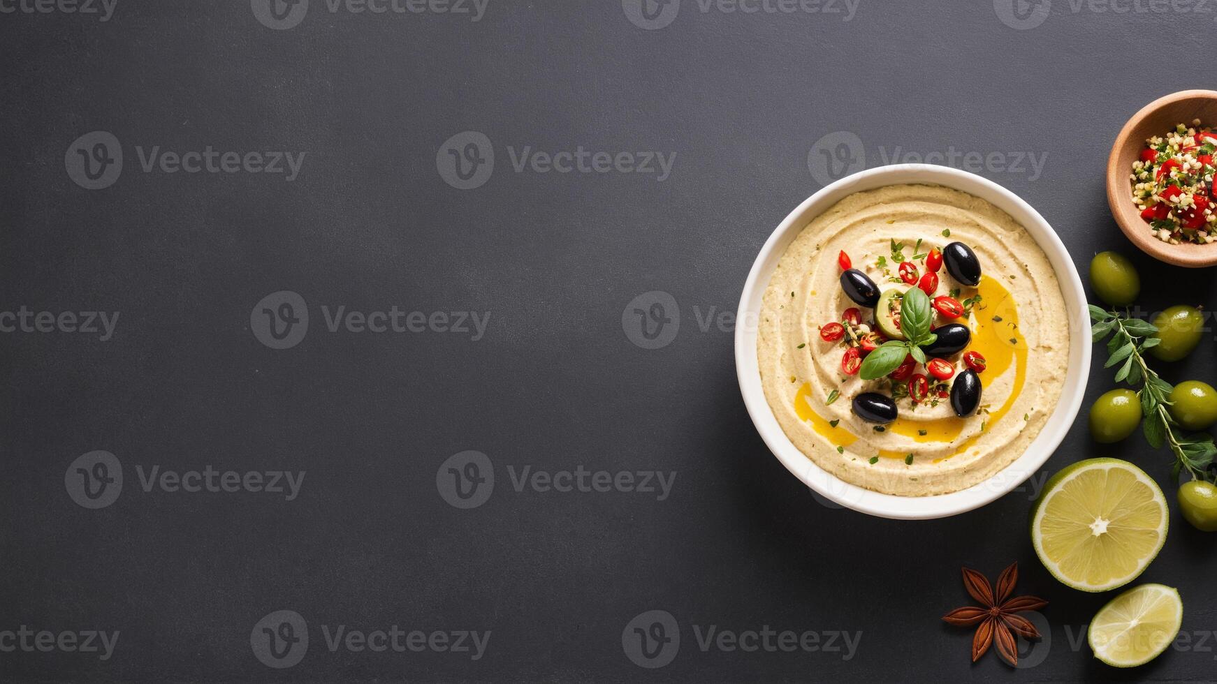 Dip with olives, peppers and herbs on a dark table top view photo