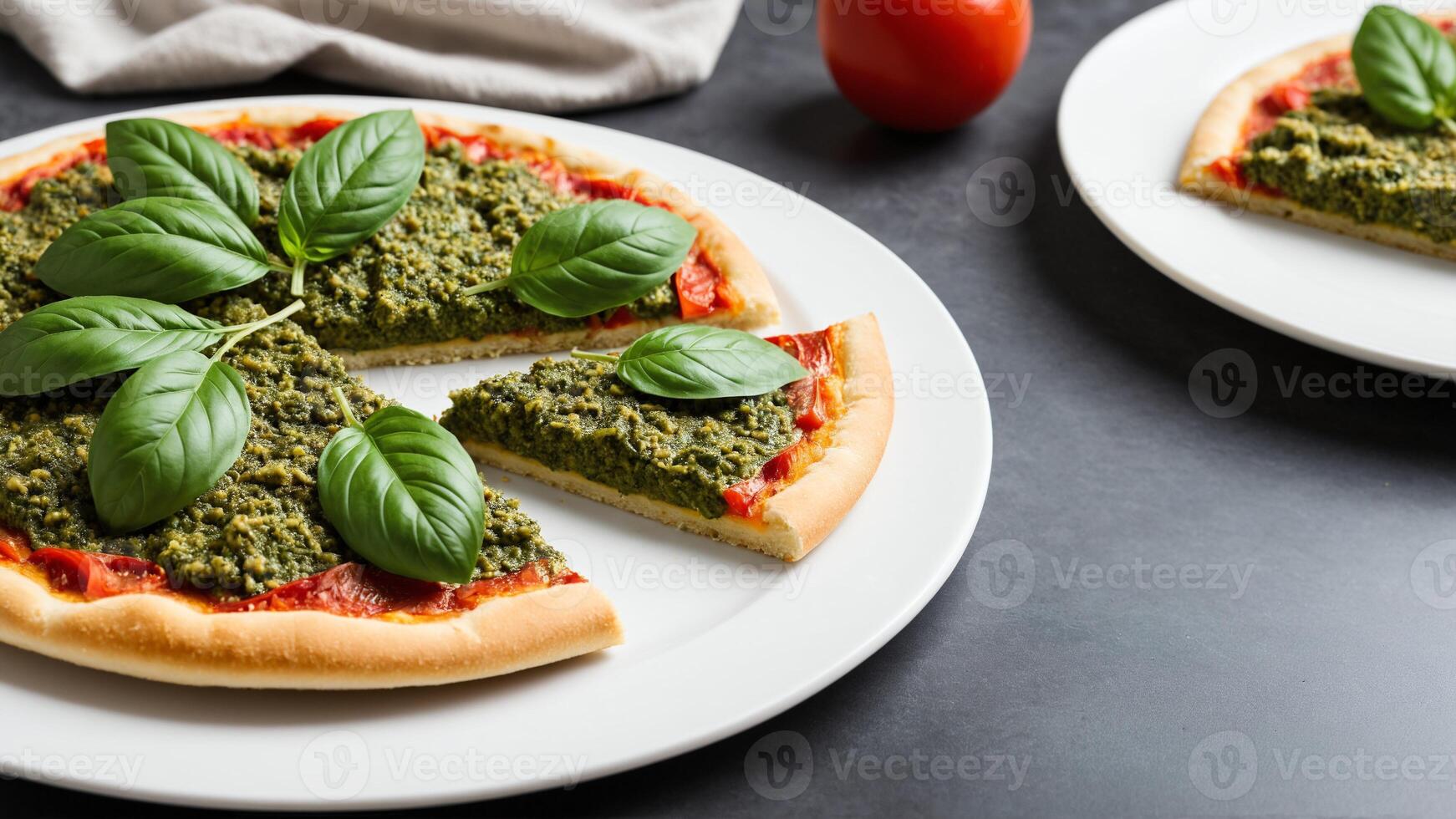 A pizza with pesto on top and a slice missing photo