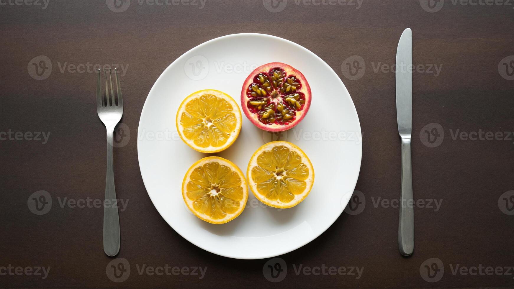 A plate with oranges and a knife and fork photo