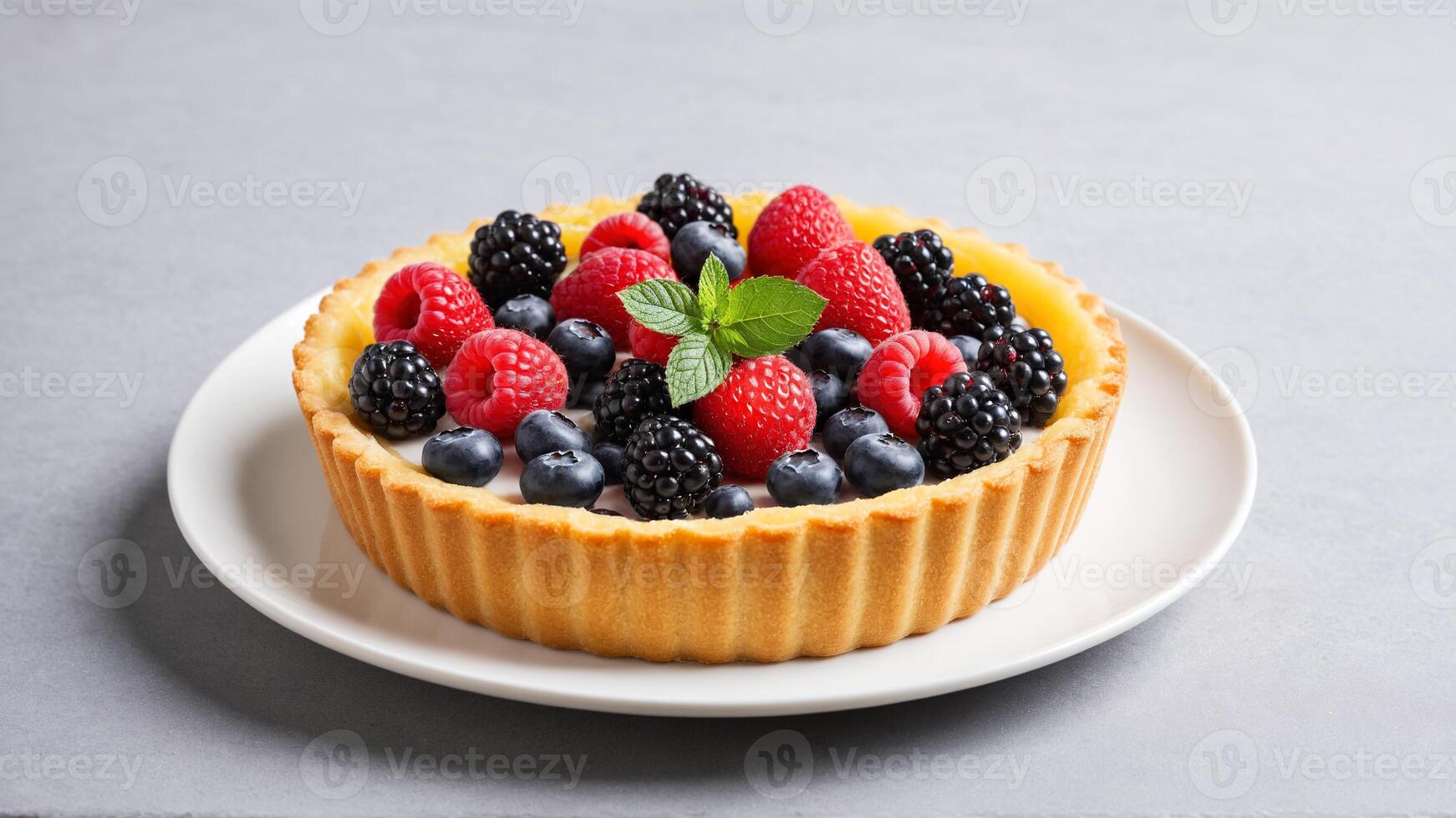 A tart with berries and mint on a white plate photo