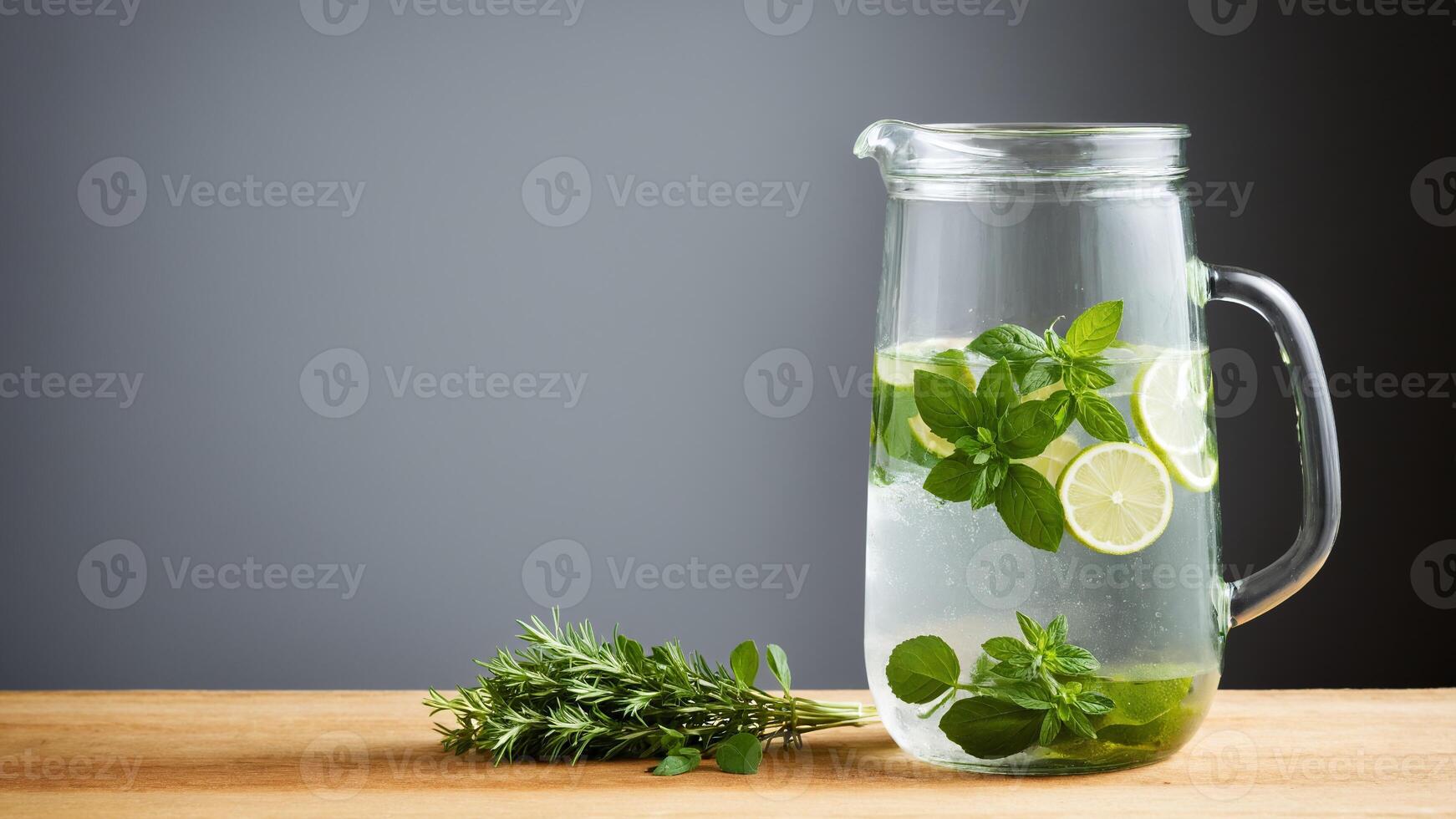 A pitcher filled with water and lemon slices photo