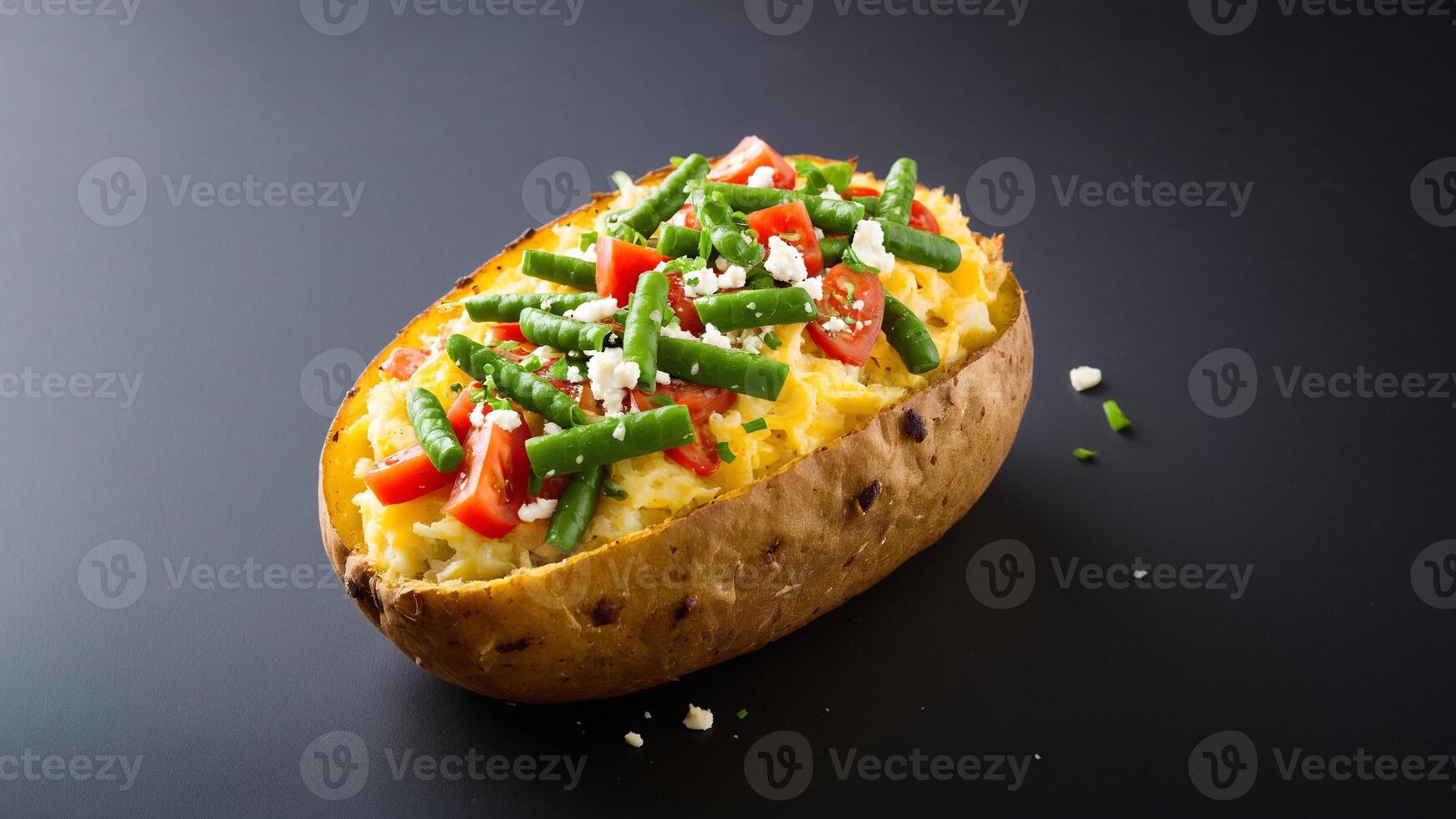 A baked potato with vegetables and cheese photo